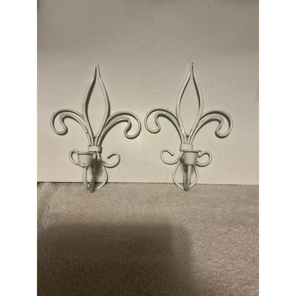 Vintage Fleur-De-Lis Candle Wall Sconces White 9.5” H